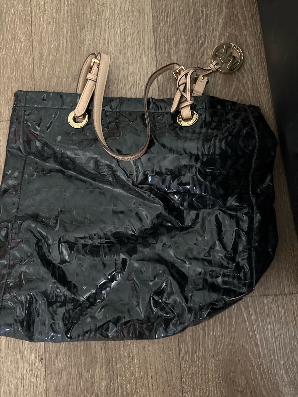 Michael Kors Black Logo Tote with Tan Handles